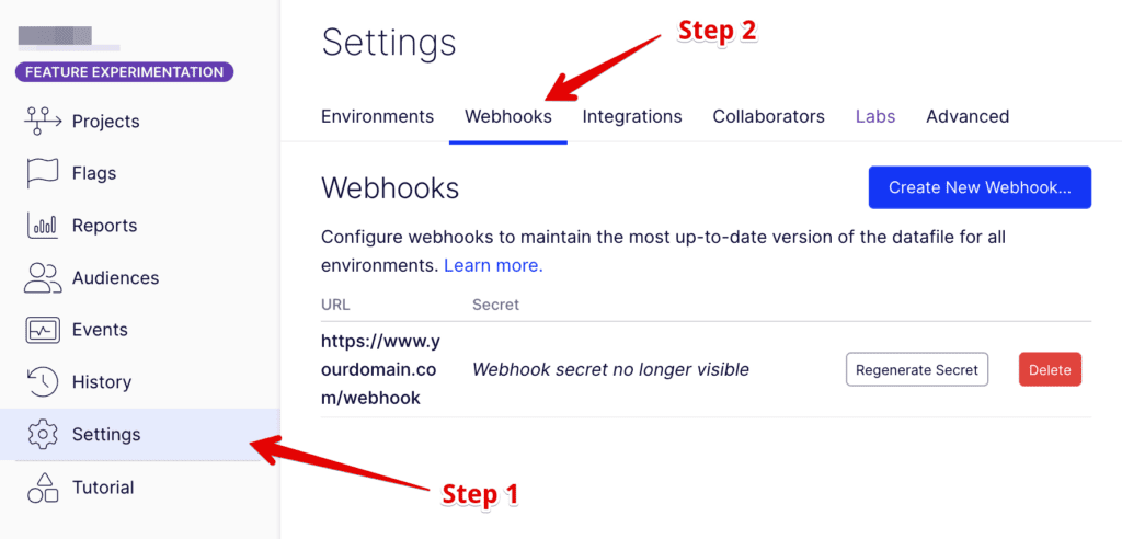 Optimizely webhook configuration in Settings