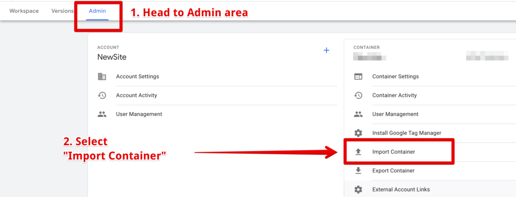 GTM Admin Import Container menu