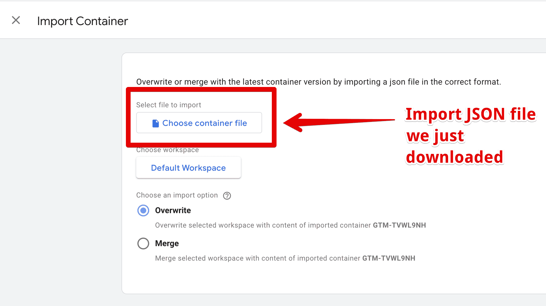 GTM Import Container dialog