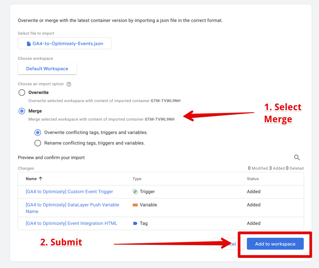 GTM Merge option for importing container
